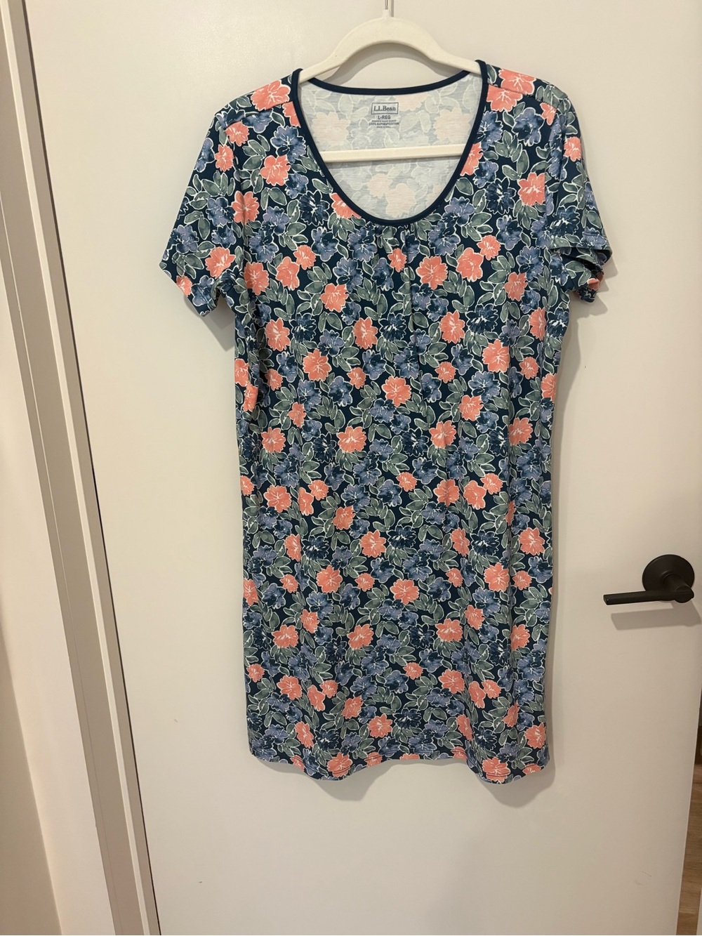 L.L.Bean Supima Cotton Knit Short-Sleeve Nightgown Floral Navy Blue Pink Large